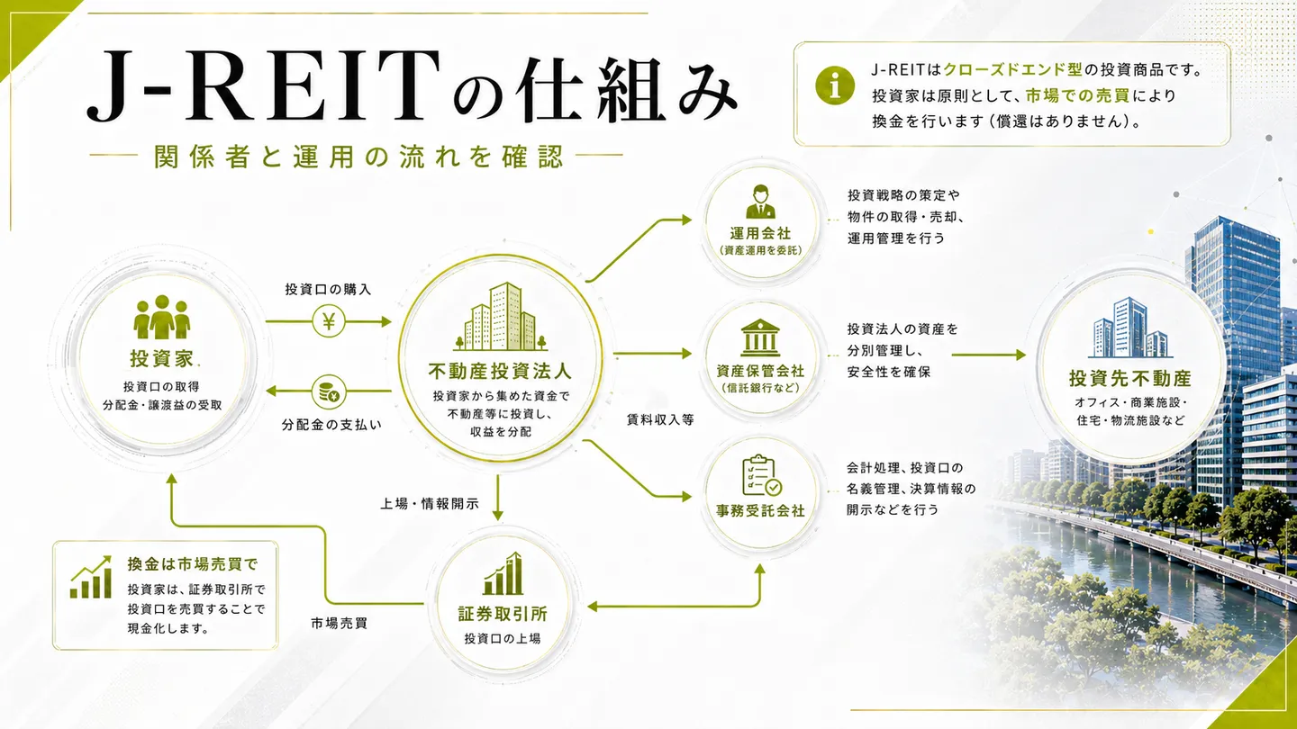 J-REITの仕組みを示した図。投資家・不動産投資法人・運用会社・資産保管会社・事務受託会社・証券取引所・投資先不動産の関係と、市場での売買による換金の流れを図解している