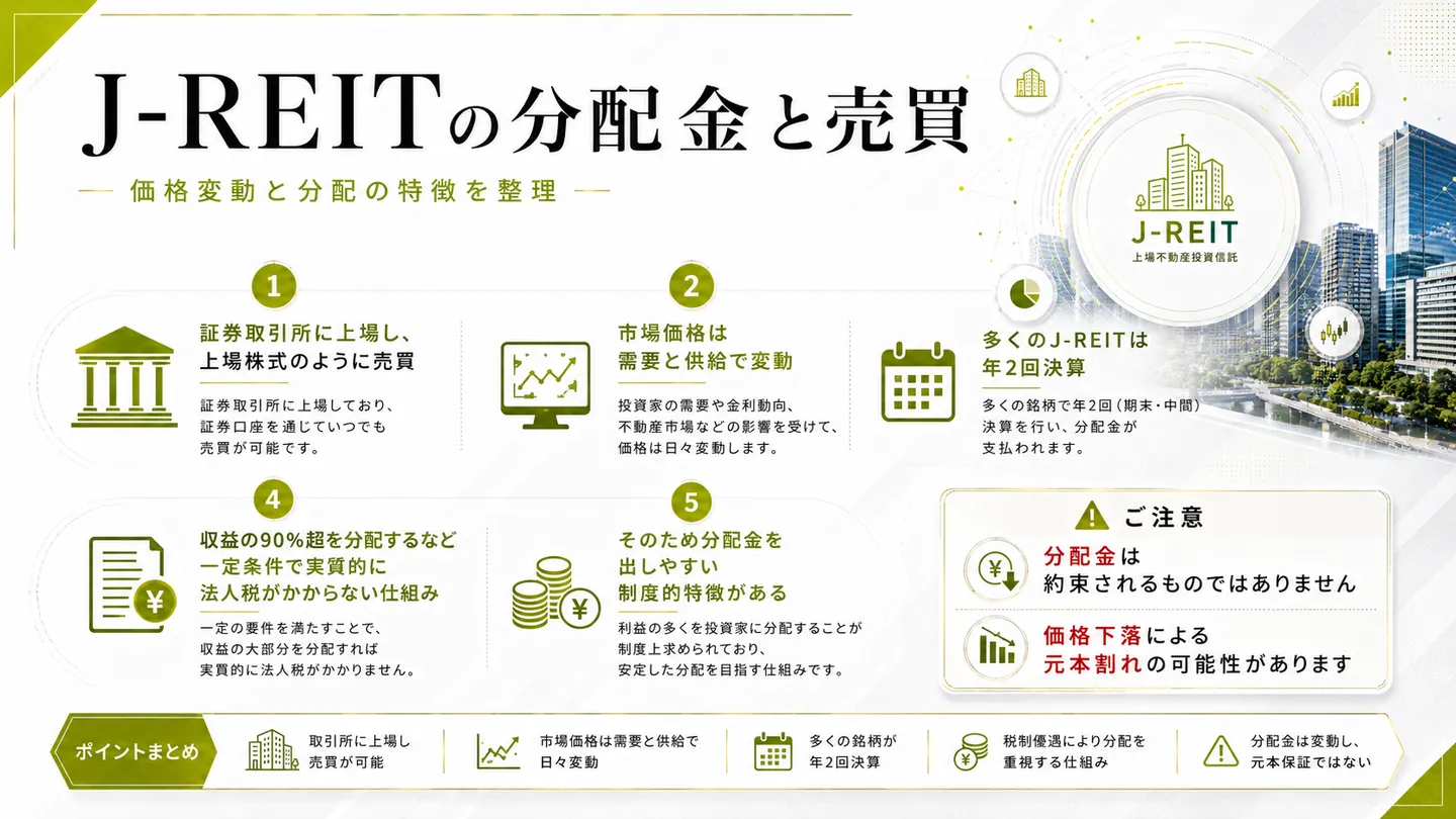 J-REITの売買と分配金の特徴を整理した図。証券取引所への上場、市場価格が需給で変動すること、年2回決算、収益の90％超を分配する制度的特徴、分配金が約束されない点を注記している