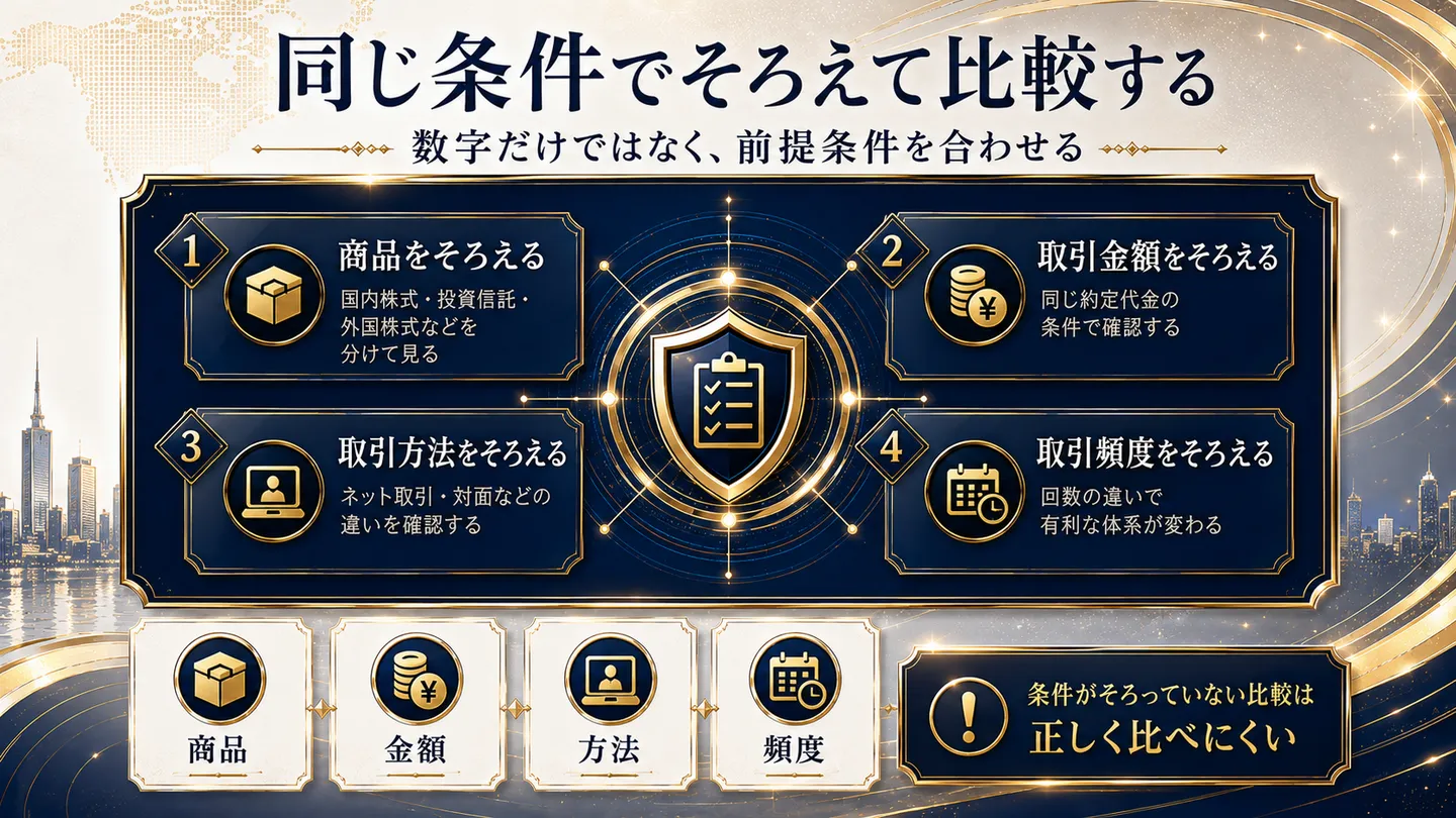 比較条件をそろえる視点を整理した図。数字だけではなく前提条件を合わせるとし、1.商品をそろえる（国内株式・投資信託・外国株式などを分けて見る）、2.取引金額をそろえる（同じ約定代金の条件で確認する）、3.取引方法をそろえる（ネット取引・対面などの違いを確認する）、4.取引頻度をそろえる（回数の違いで有利な体系が変わる）を示し、条件がそろっていない比較は正しく比べにくいと注記する