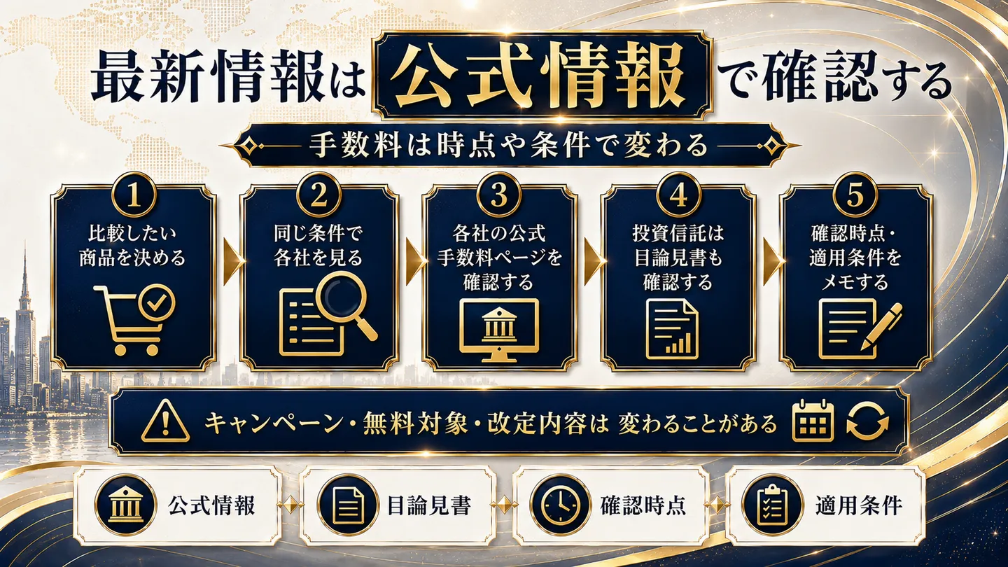 手数料が時点や条件で変わることを示す手順図。最新情報は公式情報で確認するとし、①比較したい商品を決める②同じ条件で各社を見る③各社の公式手数料ページを確認する④投資信託は目論見書も確認する⑤確認時点・適用条件をメモする、を矢印でつなぐ。キャンペーン・無料対象・改定内容は変わることがあると注記する