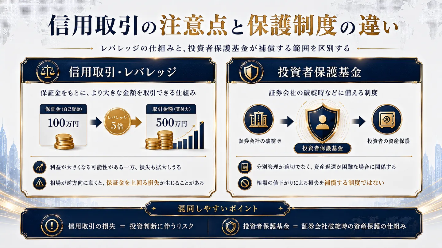信用取引・レバレッジと投資者保護基金を左右に並べて整理した図。信用取引は保証金をもとにより大きな金額を取引できる仕組みで、利益が大きくなる一方で損失も拡大し、相場が逆方向に動くと保証金を上回る損失が生じることがあると示す（保証金100万円が5倍で取引金額500万円となる例）。投資者保護基金は証券会社の破綻時などに備える制度で、相場の値下がりによる損失を補償する制度ではないと示す