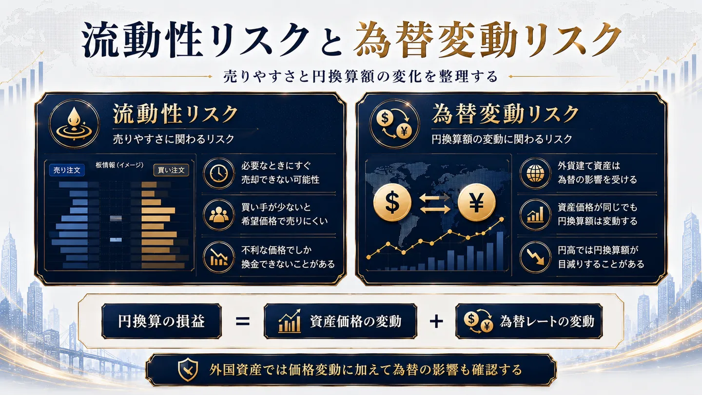 流動性リスクと為替変動リスクを左右に並べた図。流動性リスクは必要なときにすぐ売却できない可能性、買い手が少ないと希望価格で売りにくいこと、不利な価格でしか換金できないことがあると示す。為替変動リスクは外貨建て資産が為替の影響を受け、資産価格が同じでも円換算額は変動し、円高では円換算額が目減りすることがあると示す。円換算の損益は資産価格の変動と為替レートの変動の合計と整理する