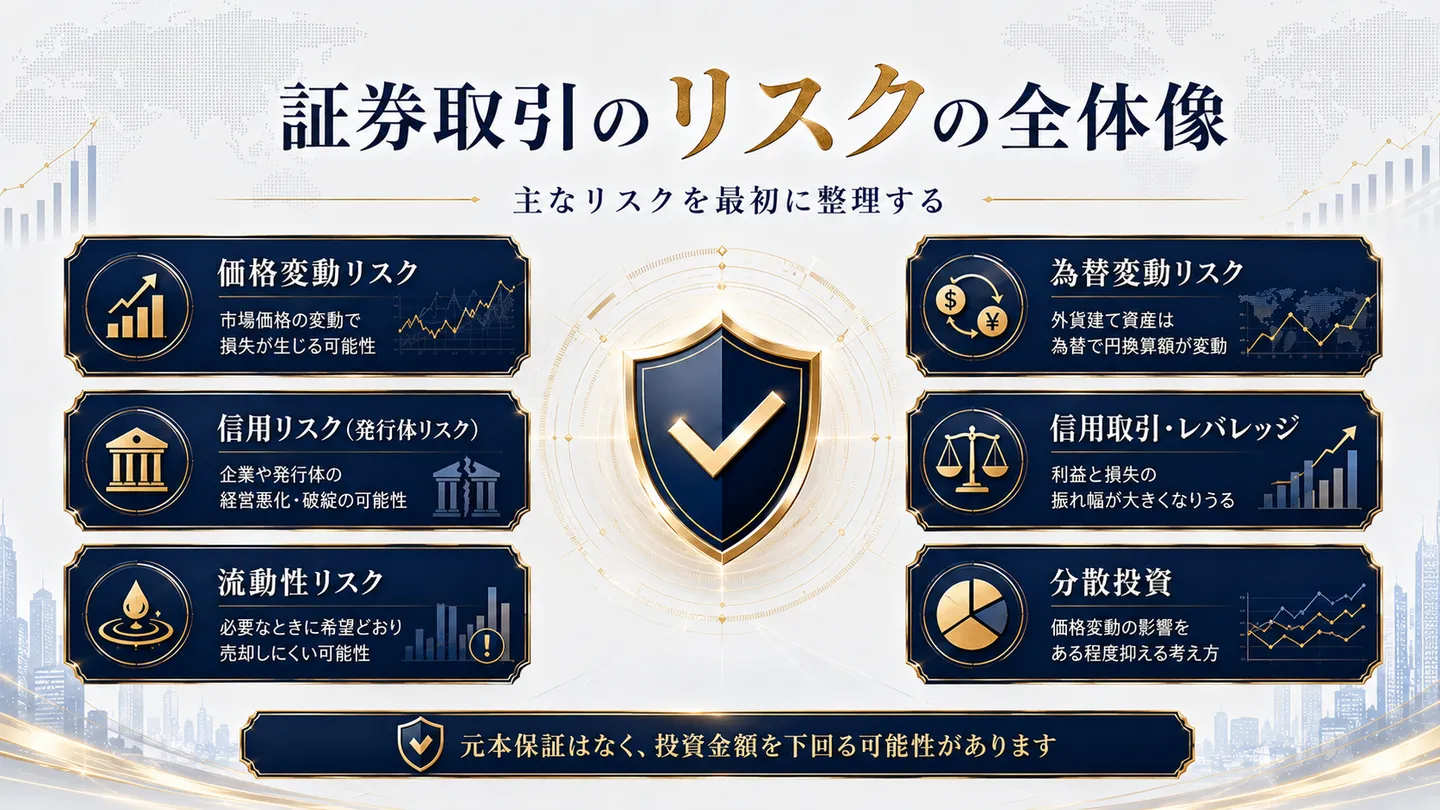 証券取引の主なリスクの全体像を六つの枠で示した概観図。価格変動リスク・信用リスク（発行体リスク）・流動性リスク・為替変動リスク・信用取引やレバレッジ・分散投資の考え方を整理し、元本保証はなく投資金額を下回る可能性がある旨を記載する