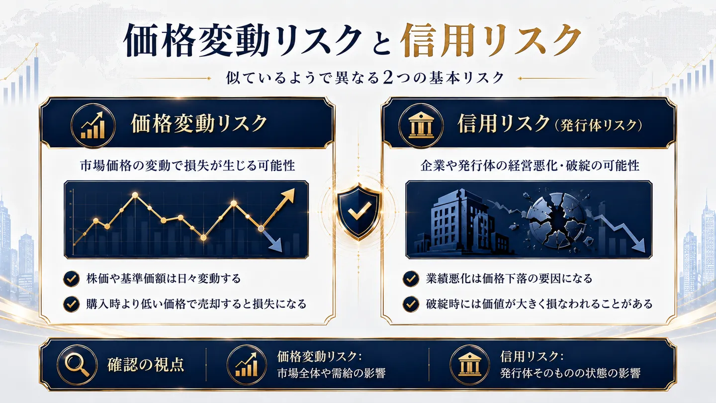 価格変動リスクと信用リスク（発行体リスク）を左右に並べて対比した図。価格変動リスクは市場価格の変動で損失が生じる可能性を指し、株価や基準価額は日々変動し購入時より低い価格で売却すると損失になると示す。信用リスクは企業や発行体の経営悪化・破綻の可能性を指し、業績悪化は価格下落の要因になり破綻時には価値が大きく損なわれることがあると示す。価格変動は市場全体や需給の影響、信用は発行体そのものの状態の影響と整理する