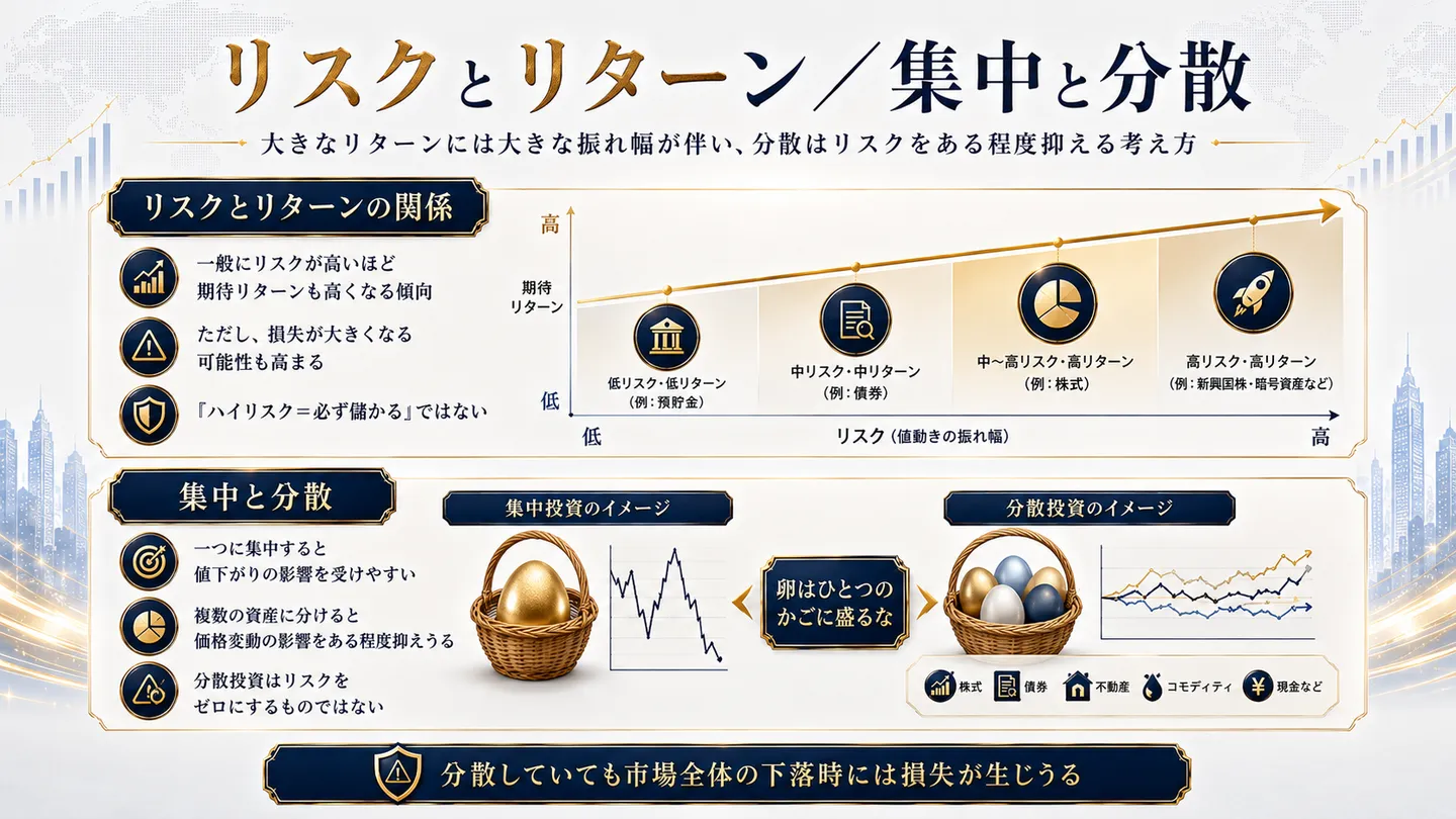 リスクとリターンの関係と集中・分散の考え方を上下二段で示した図。上段は一般にリスクが高いほど期待リターンも高くなる傾向があるが損失が大きくなる可能性も高まり、ハイリスクが必ず儲かるわけではないと示す。下段は一つに集中すると値下がりの影響を受けやすく、複数の資産に分けると価格変動の影響をある程度抑えうるが分散投資はリスクをゼロにするものではないと示し、市場全体の下落時には損失が生じうると記載する