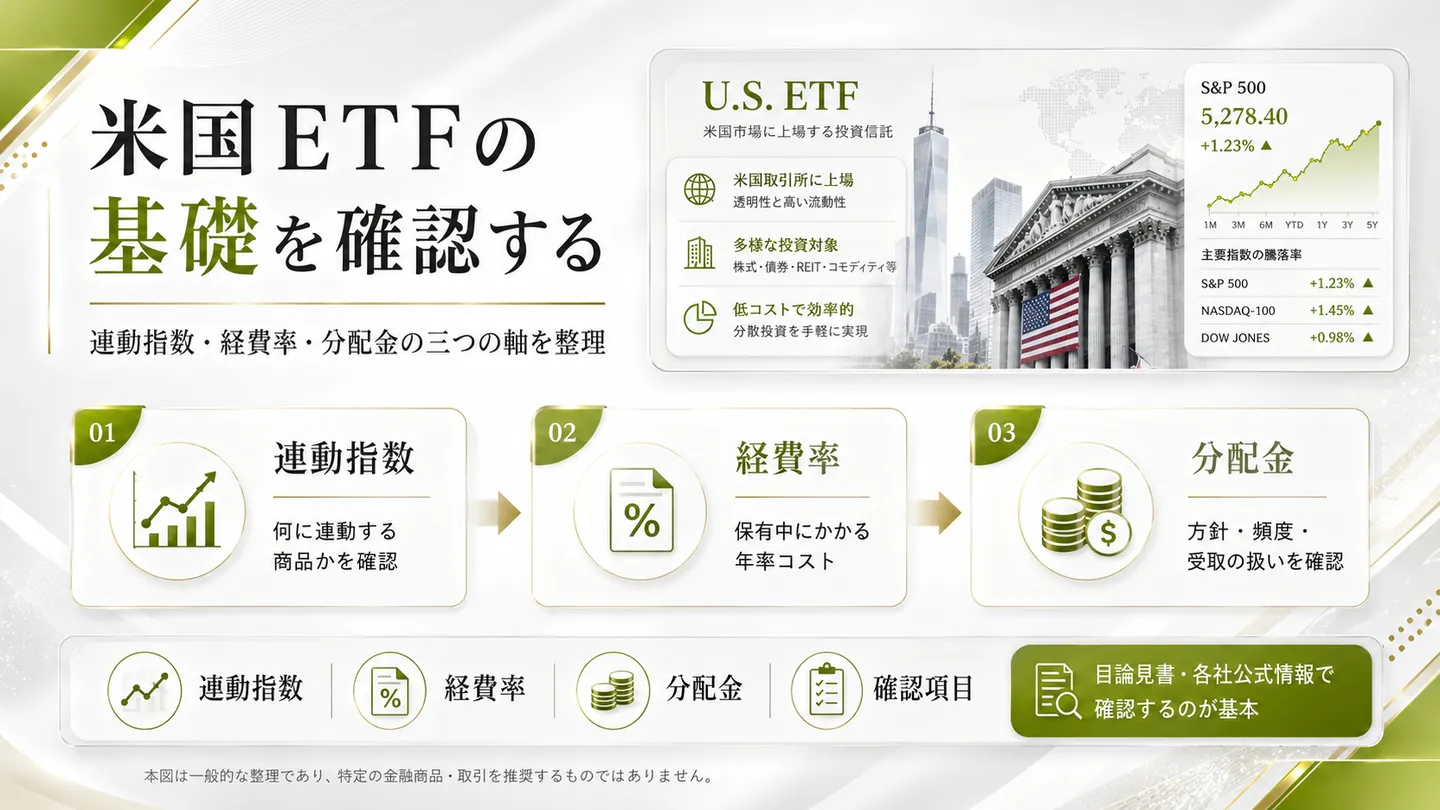 米国ETFの基礎を整理した図。連動指数・経費率・分配金の三つの軸を示し、米国市場に上場する投資信託であること、目論見書や各社公式情報で確認するのが基本である点を添えている