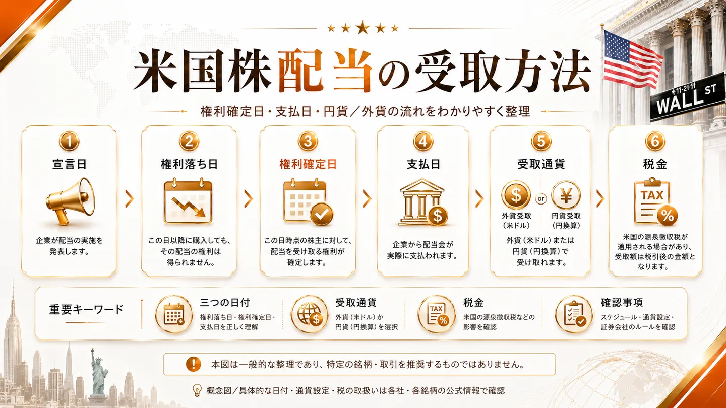 米国株配当の受取方法を一枚で示した概観図。宣言日・権利落ち日・権利確定日・支払日・受取通貨（外貨／円貨）・税金（米国の源泉徴収で受取額が税引後になる）の流れを左から順に並べ、特定の銘柄・取引を推奨しない概念図である旨を注記する