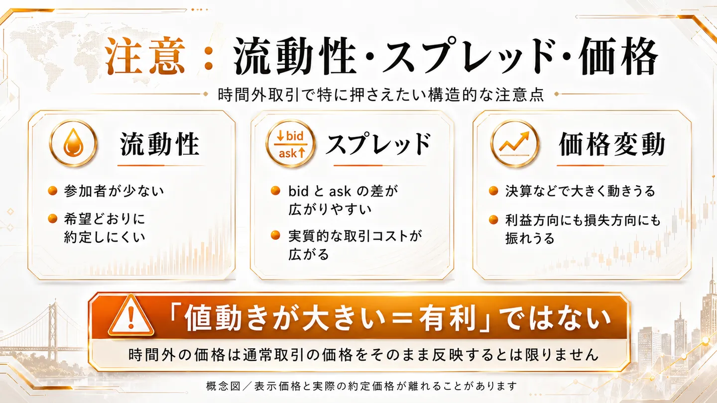 時間外取引で特に押さえたい構造的な注意点を流動性・スプレッド・価格の3点で示す図。流動性は参加者が少なく希望どおりに約定しにくいこと、スプレッドはbidとaskの差が広がりやすく実質的な取引コストが広がること、価格変動は決算などで大きく動き利益方向にも損失方向にも振れうることを列挙し、値動きが大きい＝有利ではないこと、時間外の価格は通常取引の価格をそのまま反映するとは限らないことを注記する