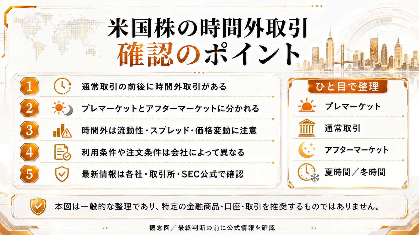 米国株の時間外取引「確認のポイント」を示す概観図。通常取引の前後に時間外取引があること、プレマーケットとアフターマーケットに分かれること、時間外は流動性・スプレッド・価格変動に注意すること、利用条件や注文条件は会社によって異なること、最新情報は各社・取引所・SEC公式で確認することを列挙し、特定の金融商品・口座・取引を推奨するものではない旨を注記する