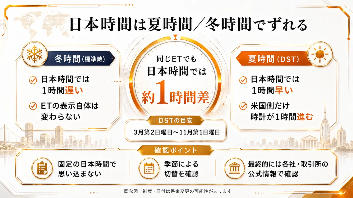 通常取引との違い・時間外特有の注意点をSECの投資者向け情報をもとに6項目で整理した図。流動性の低下（取引参加が少なく成立しにくい）、気配スプレッドの拡大（売値と買値の差が広がりやすい）、価格の変動（重要情報で大きく動きうる）、注文処理の違い（注文種類・対象銘柄が異なることがある）、市場の非連動（同じ時間でも価格が異なりうる）、参加者の違い（専門トレーダーが多いとされる）を並べ、避けるべき・有利と断定せず違いとして整理する旨を注記する